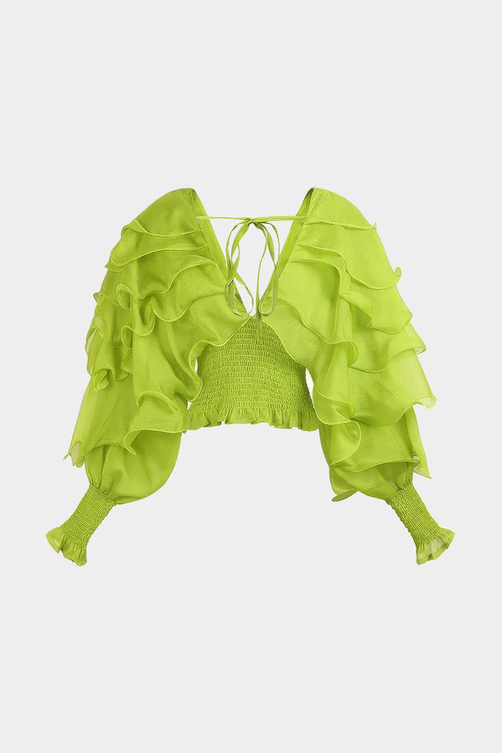 Chiffon Scallop Edge Shirred Tie-Up Gigot Sleeve Long-Sleeve Shirt