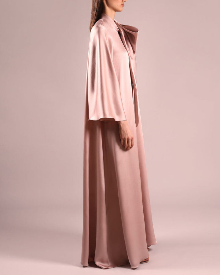 Long-sleeve satin gown with oversized neck bow – BLUSH-1