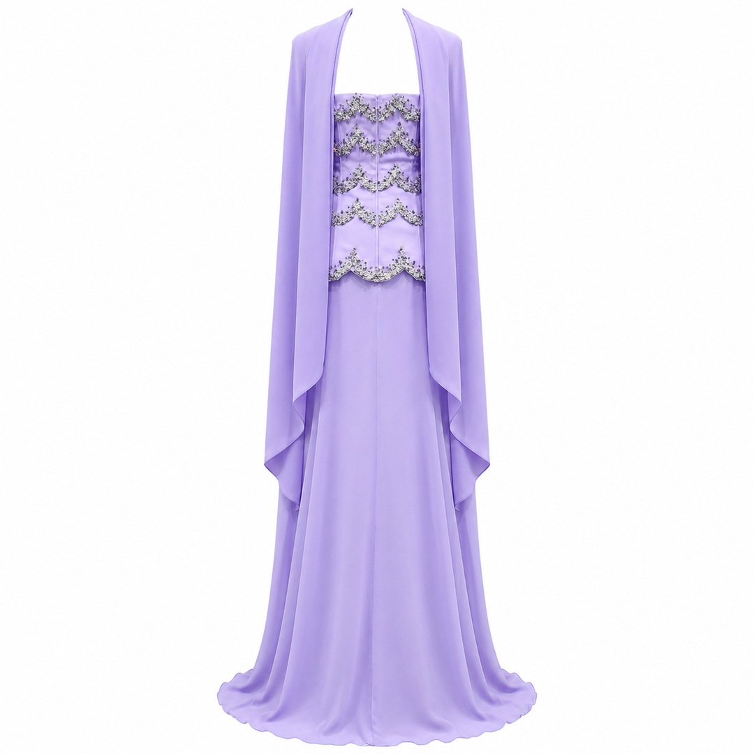 Lavender Strapless Evening Gown with Embellished Bodice & Sheer Cape – LAVÉRA