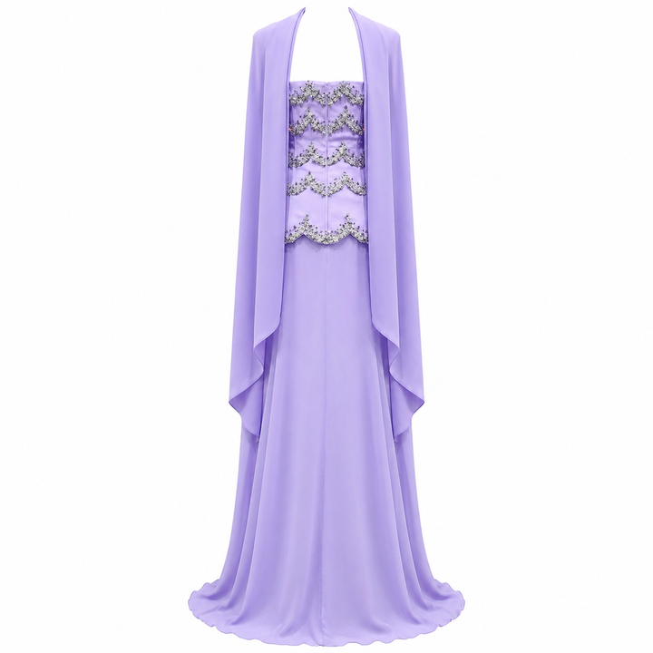 Lavender Strapless Evening Gown with Embellished Bodice & Sheer Cape – LAVÉRA