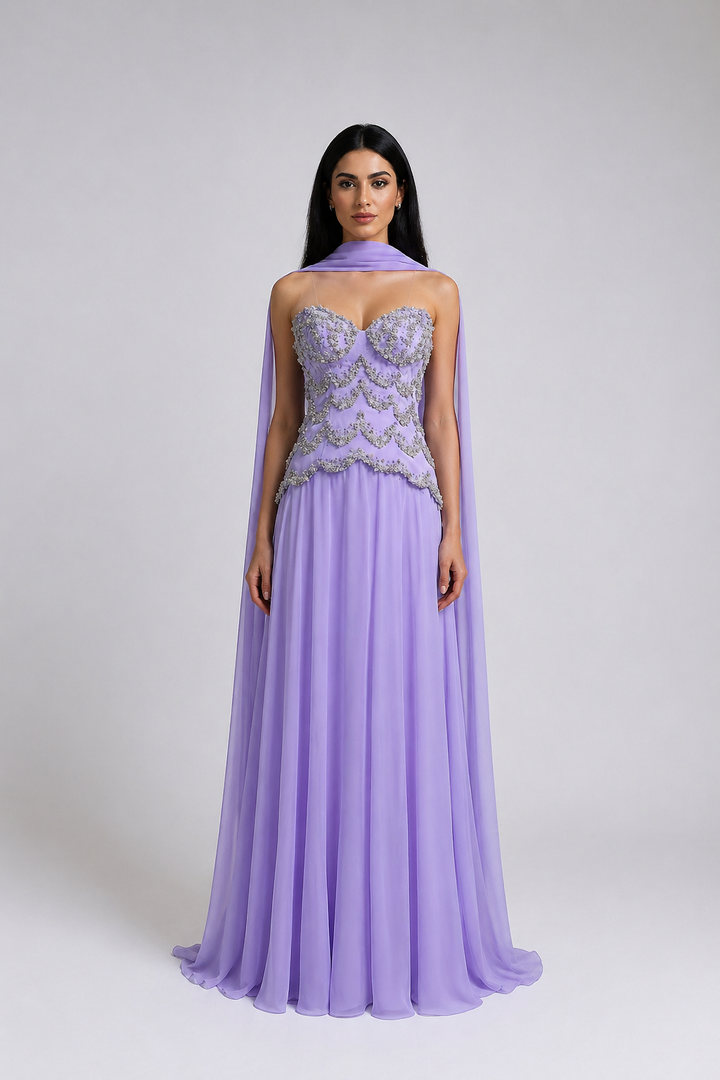 Lavender Strapless Evening Gown with Embellished Bodice & Sheer Cape – LAVÉRA