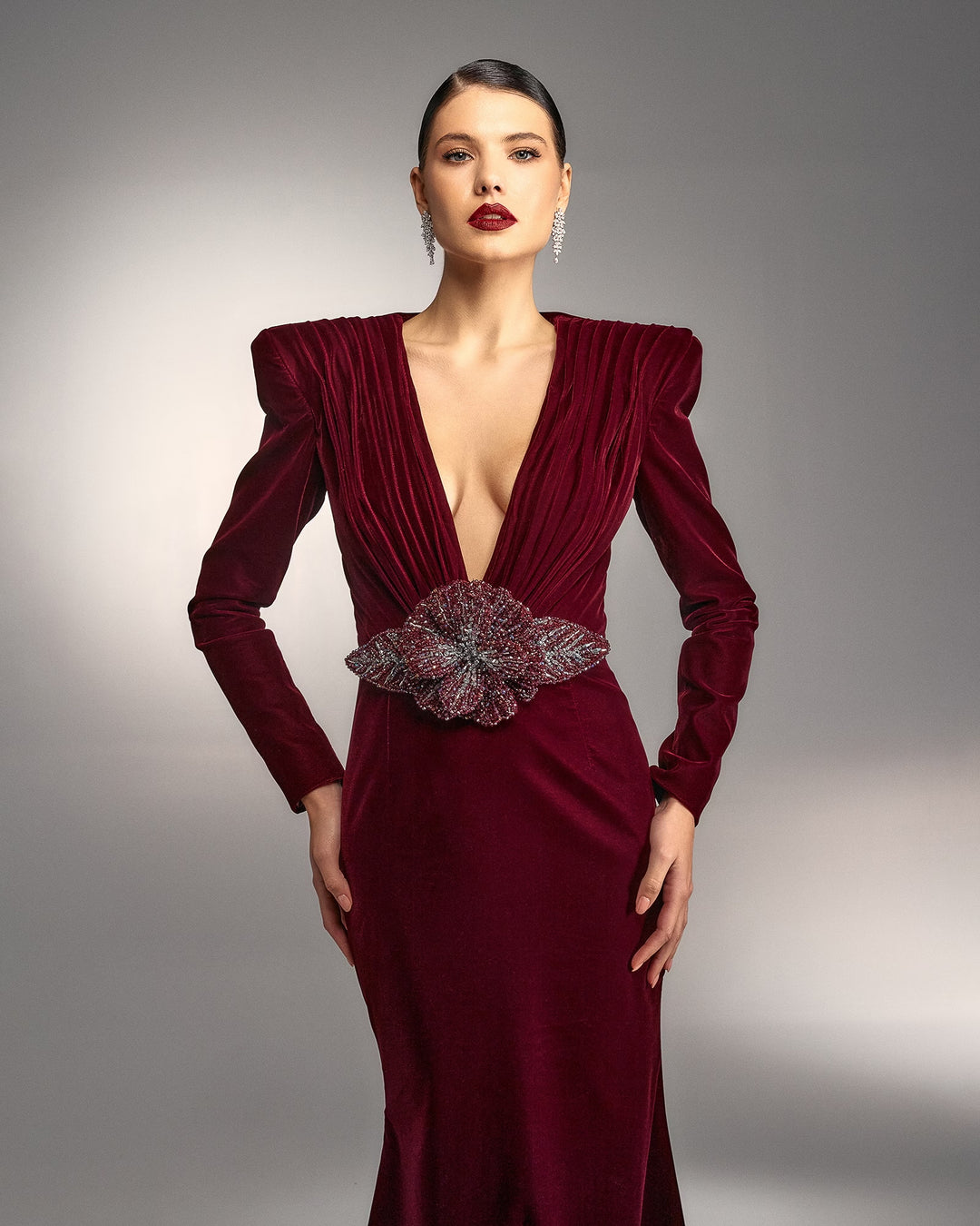 Velvet gown with crystal flower embellishment – RUBINA