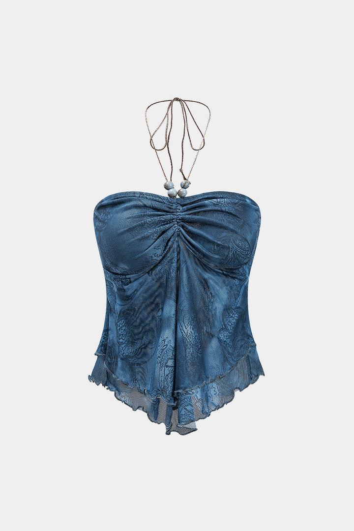 Tie Dye Print Mesh Ruched Beaded Tie-Up Cami Top