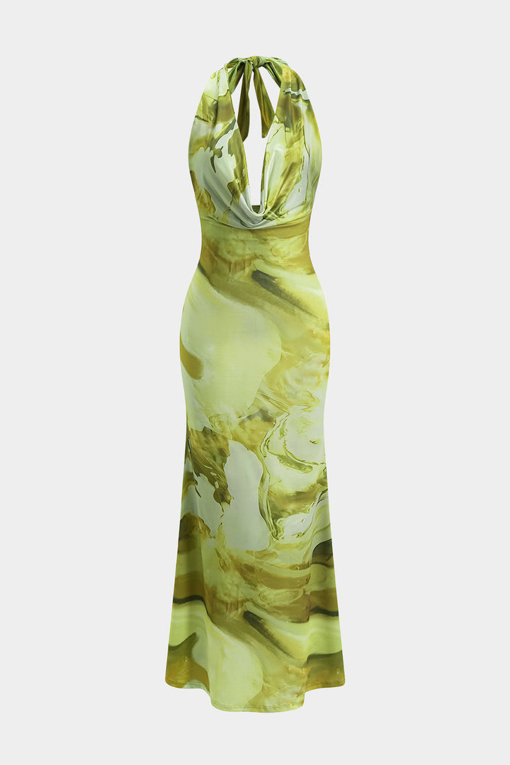 Tie Dye Print Backless Cowl Neck Maxi Dress