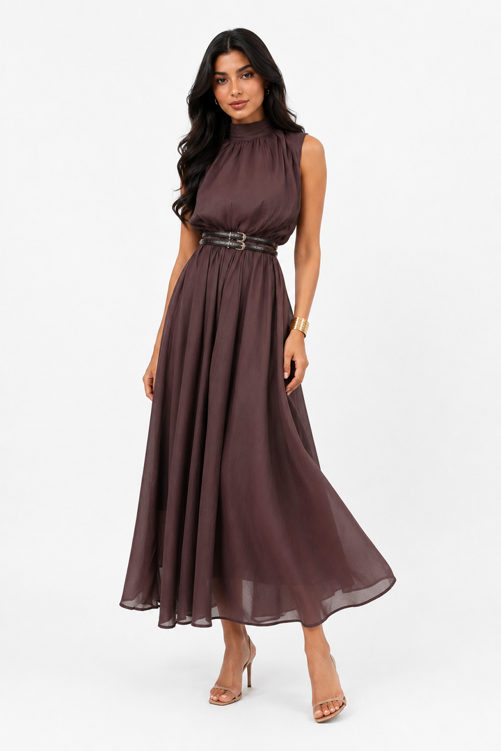Elegant High-Neck Chiffon Maxi Dress - Serenity