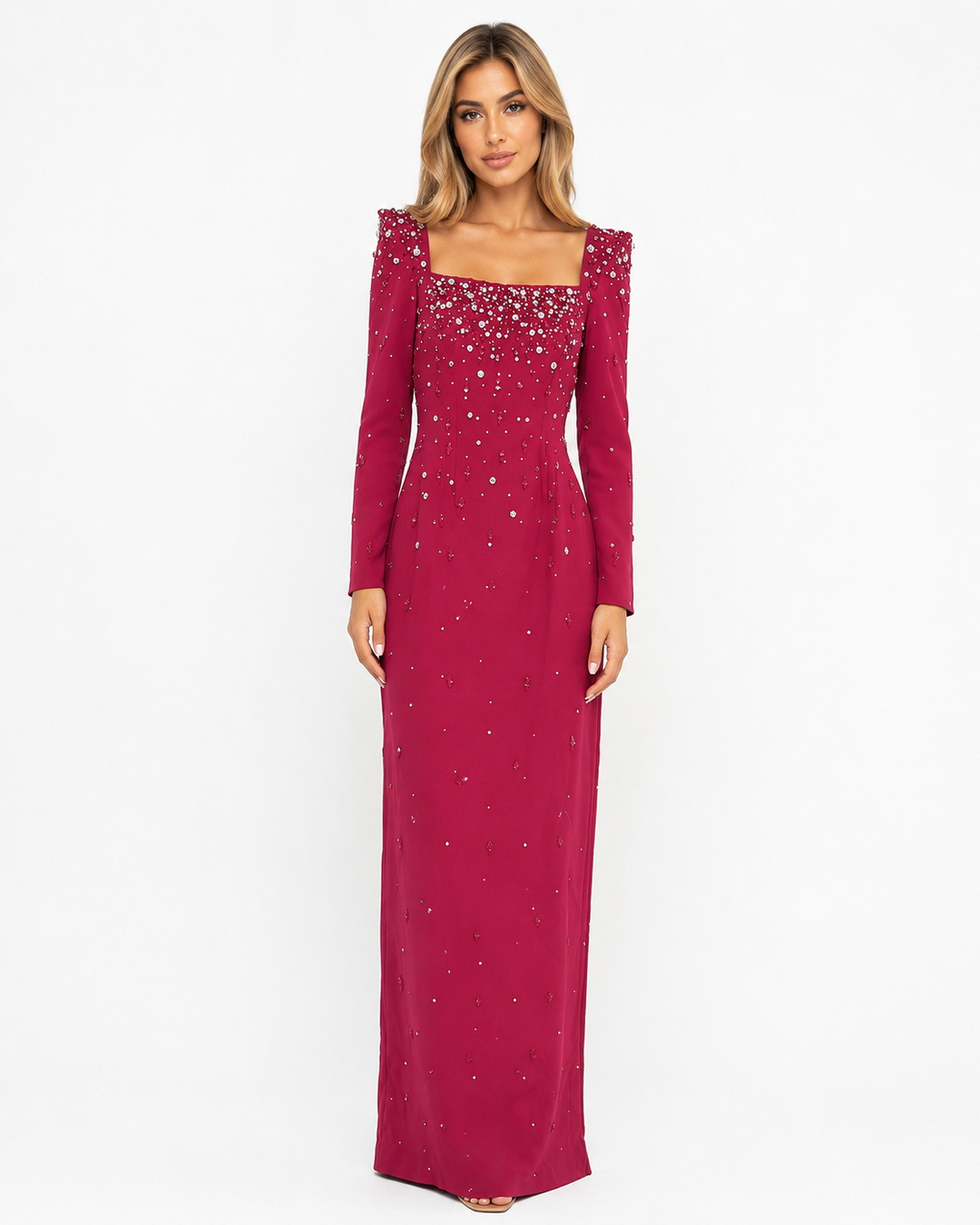 Embellished Square Neck Maxi Dress - Burgundy