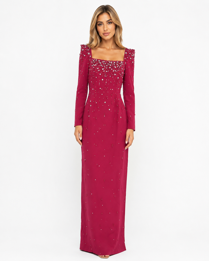 Embellished Square Neck Maxi Dress - Burgundy