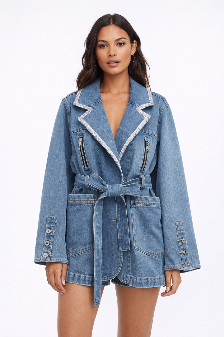 belted denim trench-style jacket with lace trim – ARIA
