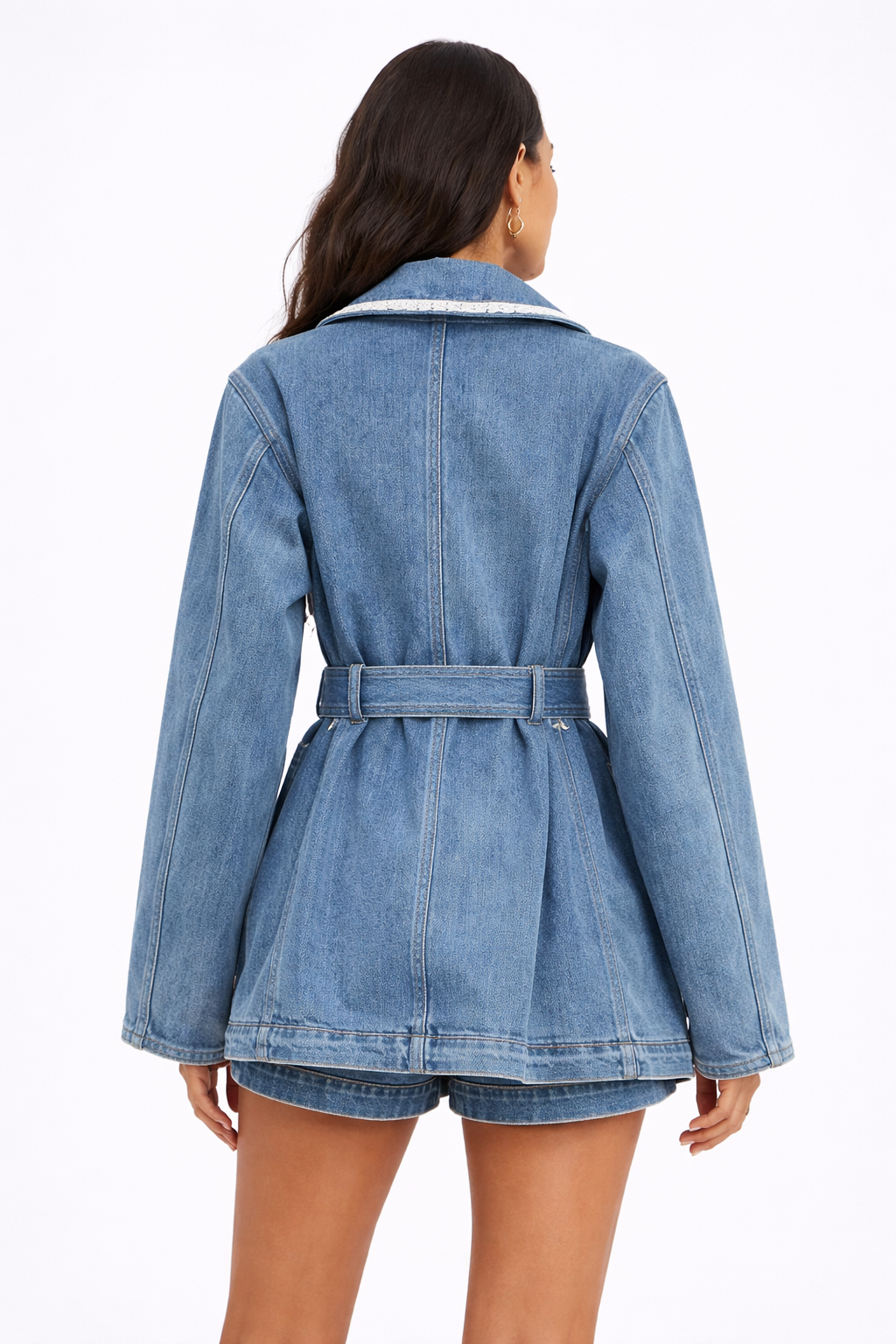 belted denim trench-style jacket with lace trim – ARIA