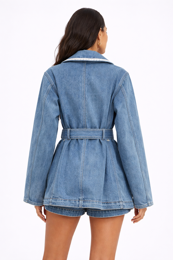 belted denim trench-style jacket with lace trim – ARIA