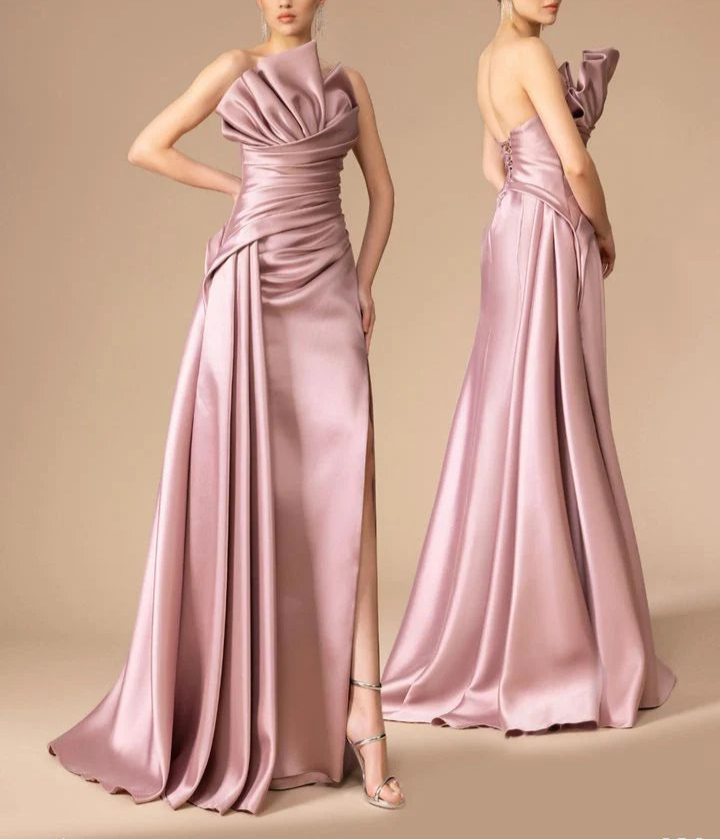 One-shoulder satin gown with sculpted bodice and draped slit – MAUVE
