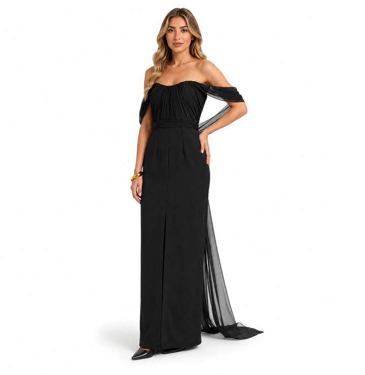 Black Off-Shoulder Pleated Maxi Dress - Noir