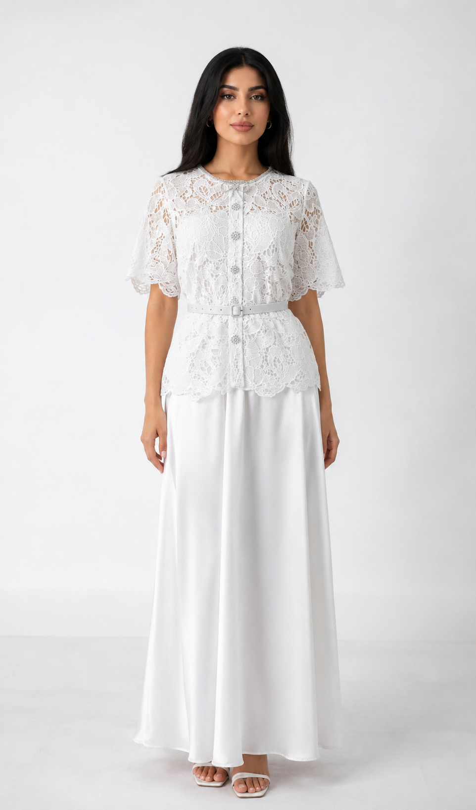 White Lace Belted Maxi Dress - Romance
