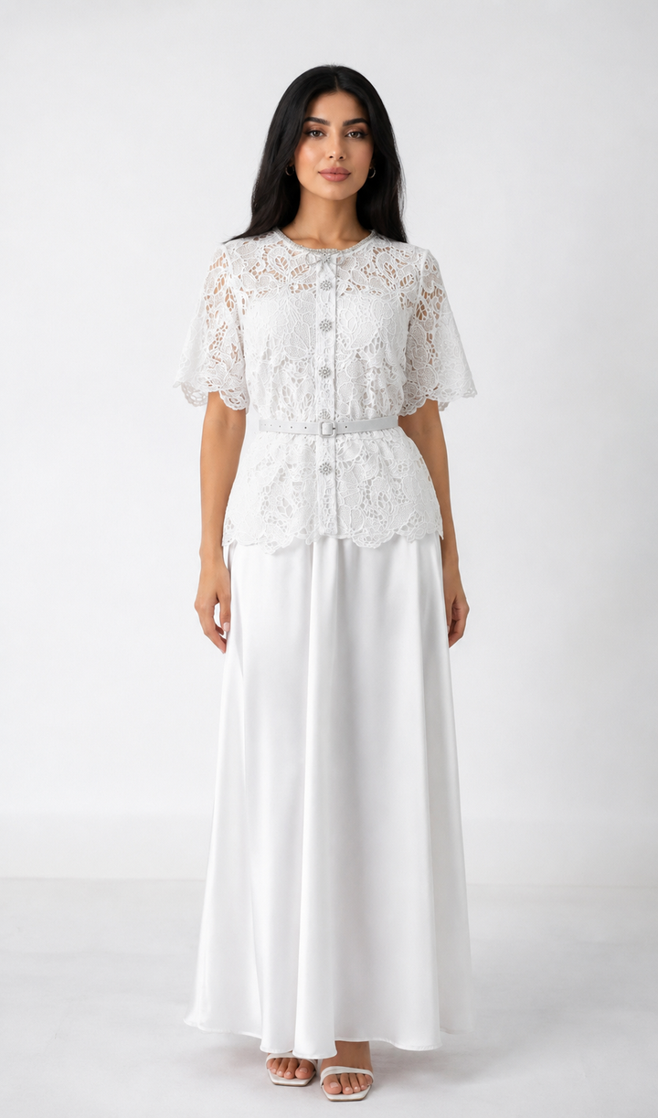 White Lace Belted Maxi Dress - Romance