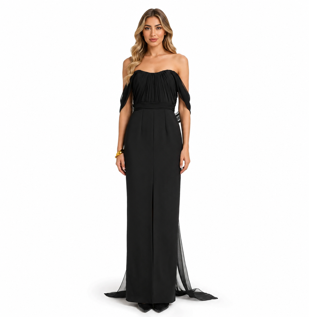 Black Off-Shoulder Pleated Maxi Dress - Noir