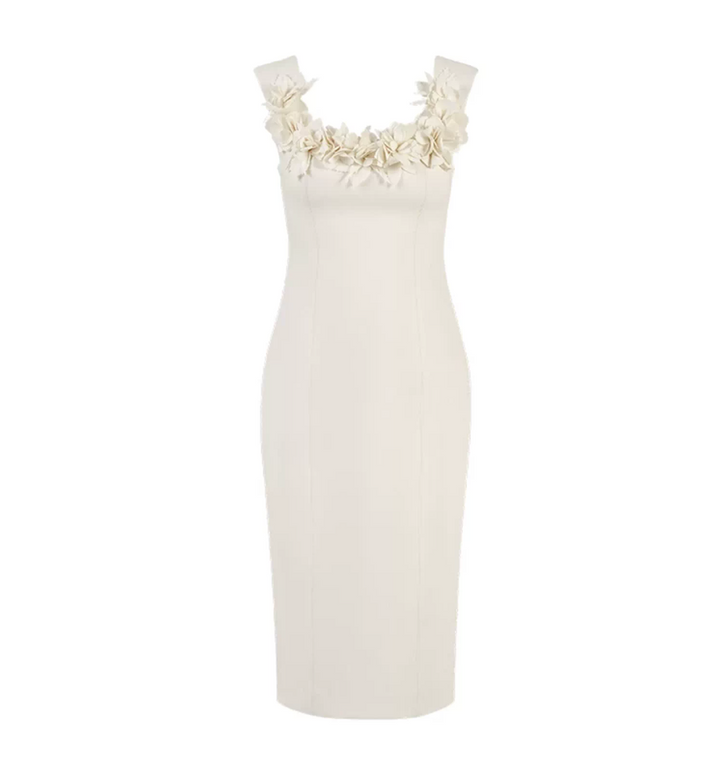 Ivory Floral Appliqué Midi Dress – Petalia