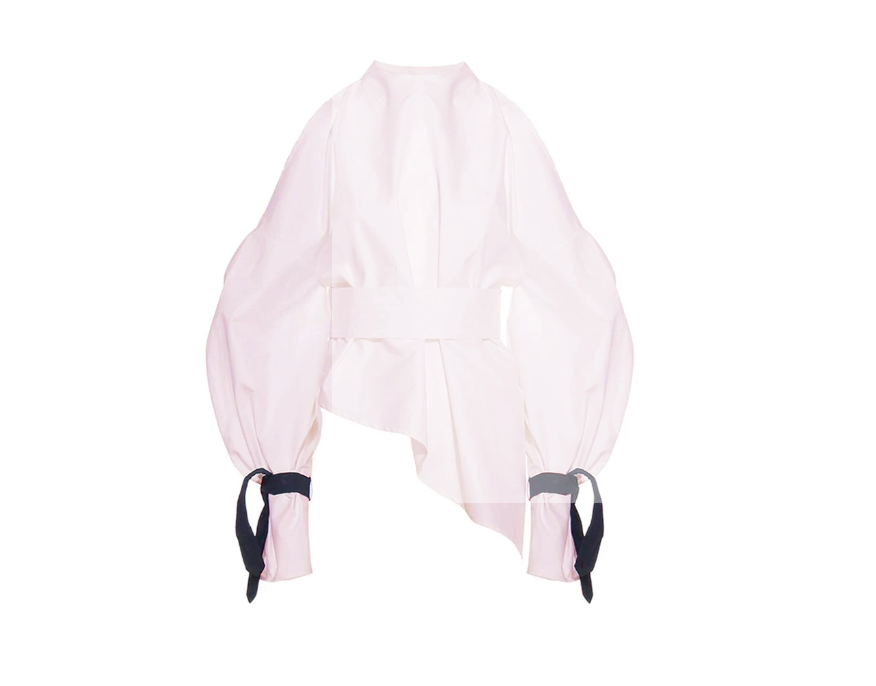 Balloon-Sleeve Tie-Cuff Blouse – Blush
