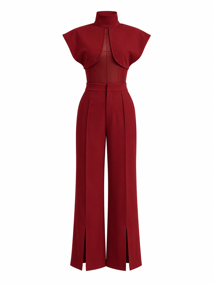 Structured Cape Jumpsuit — Burgundy