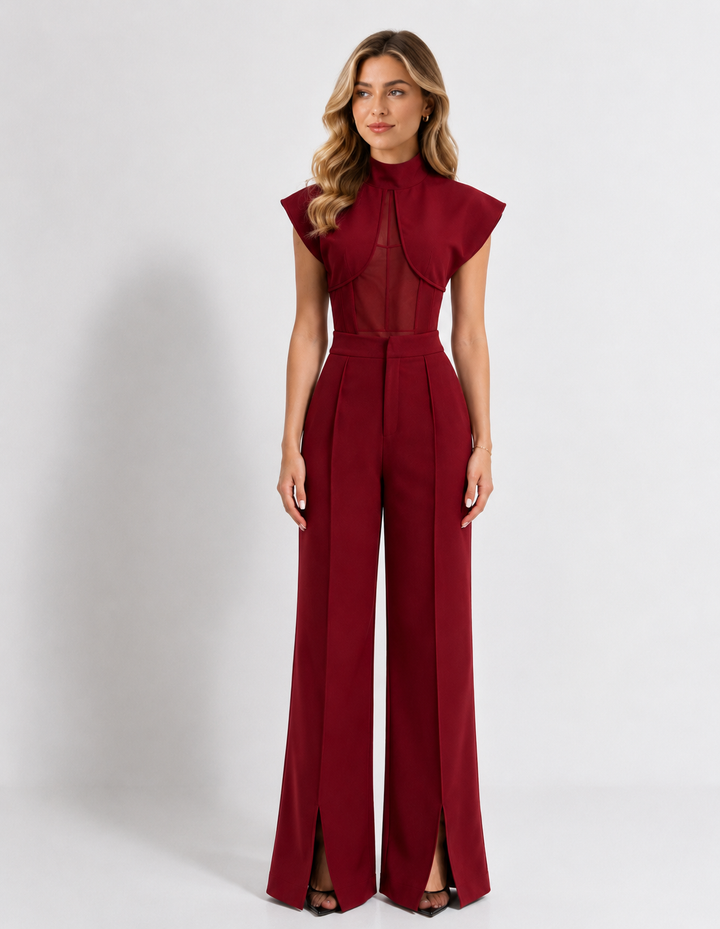 Structured Cape Jumpsuit — Burgundy