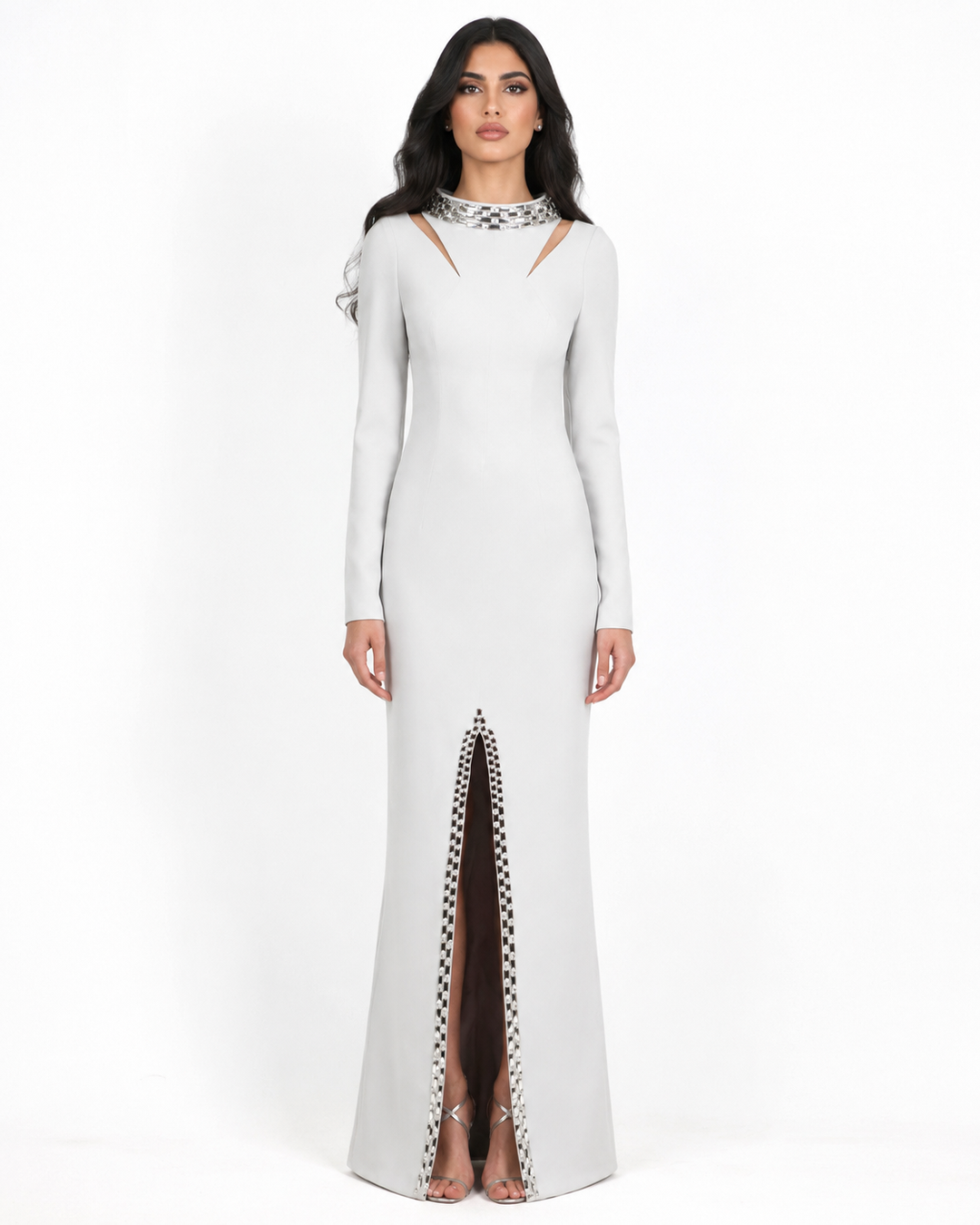 Crystal Collar Slit Maxi Dress - Silver
