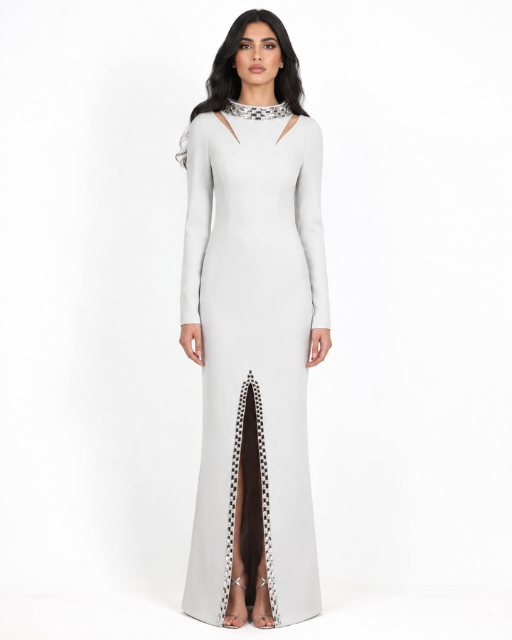 Crystal Collar Slit Maxi Dress - Silver