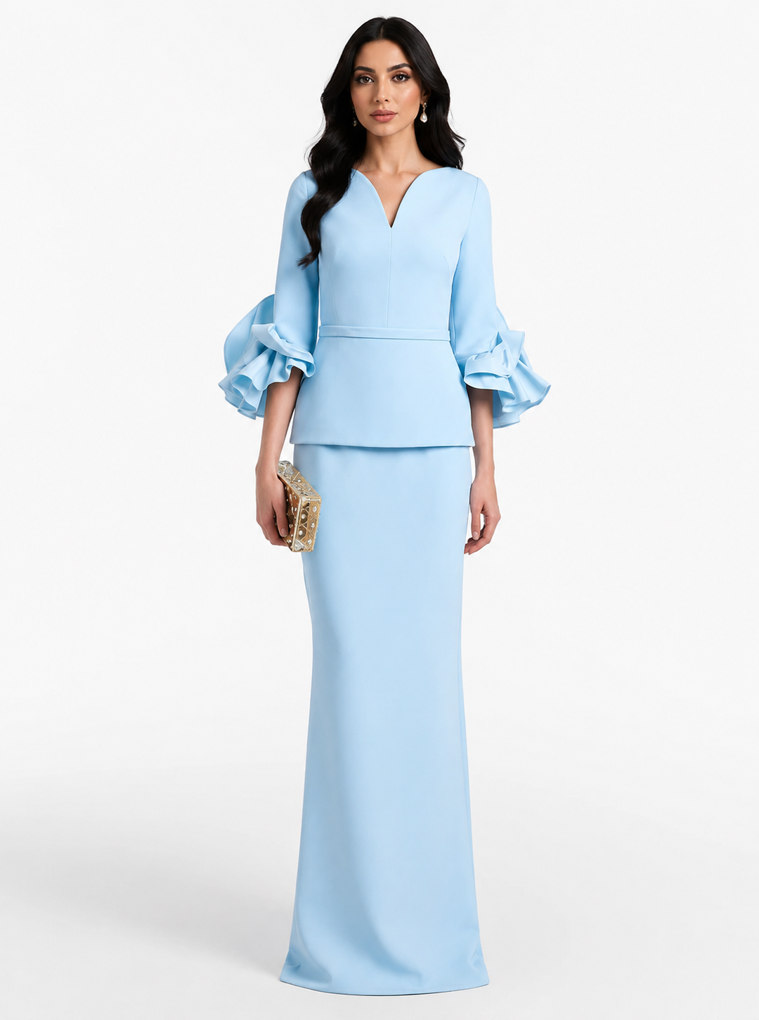 Ruffle-Sleeve Peplum Maxi Dress – Azure