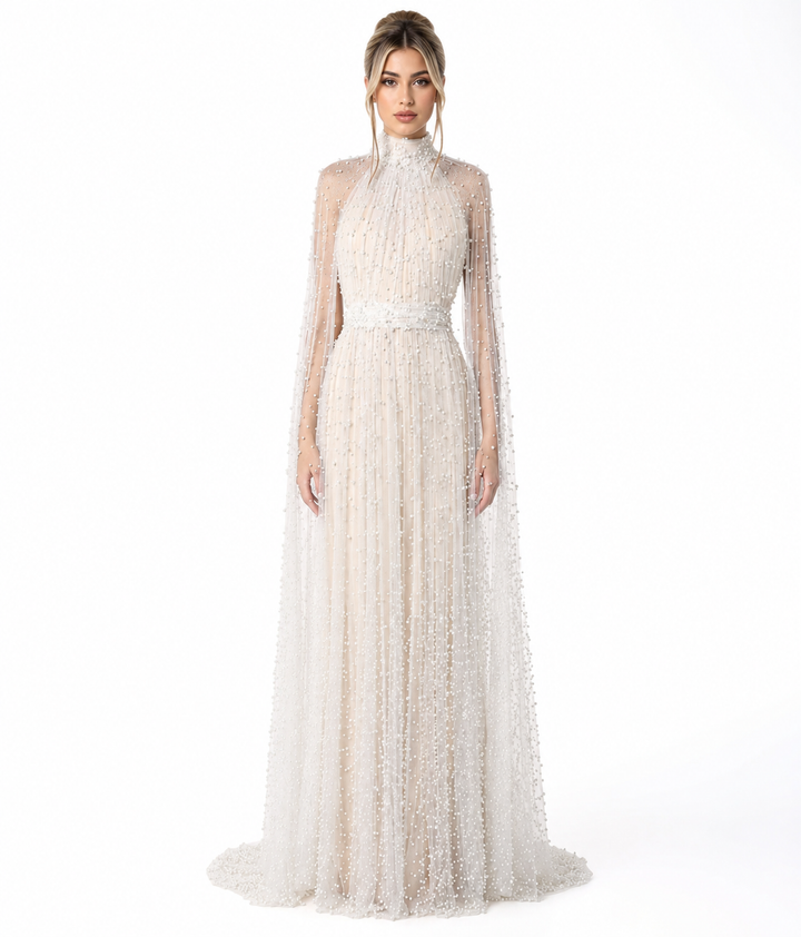 Pearl Embellished Cape Gown - Diva