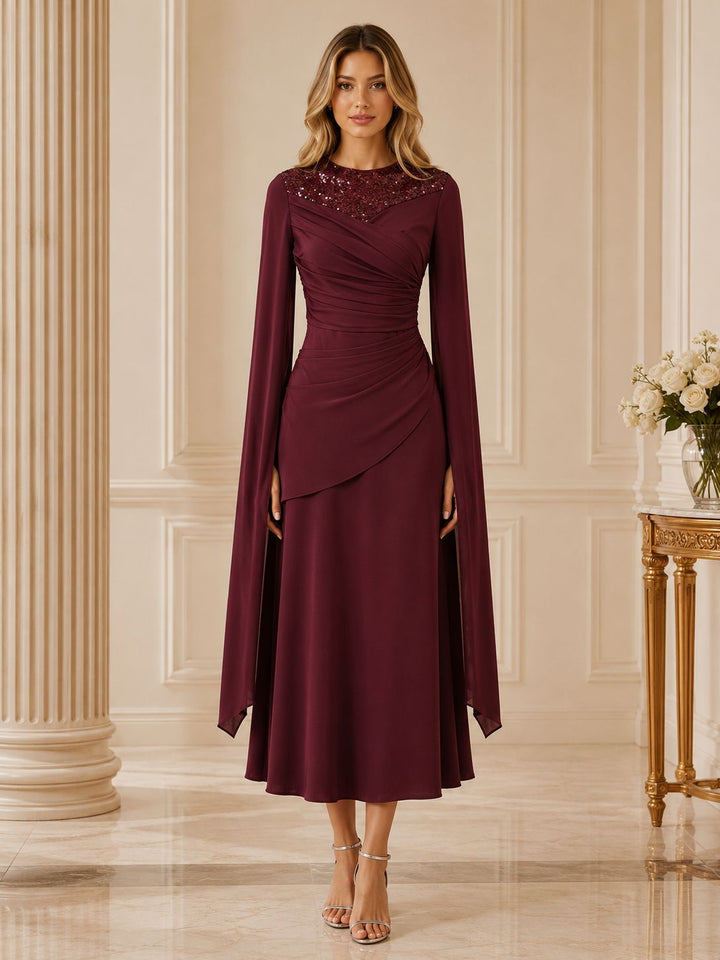 Burgundy Sequin Mesh Ruched Evening Dress