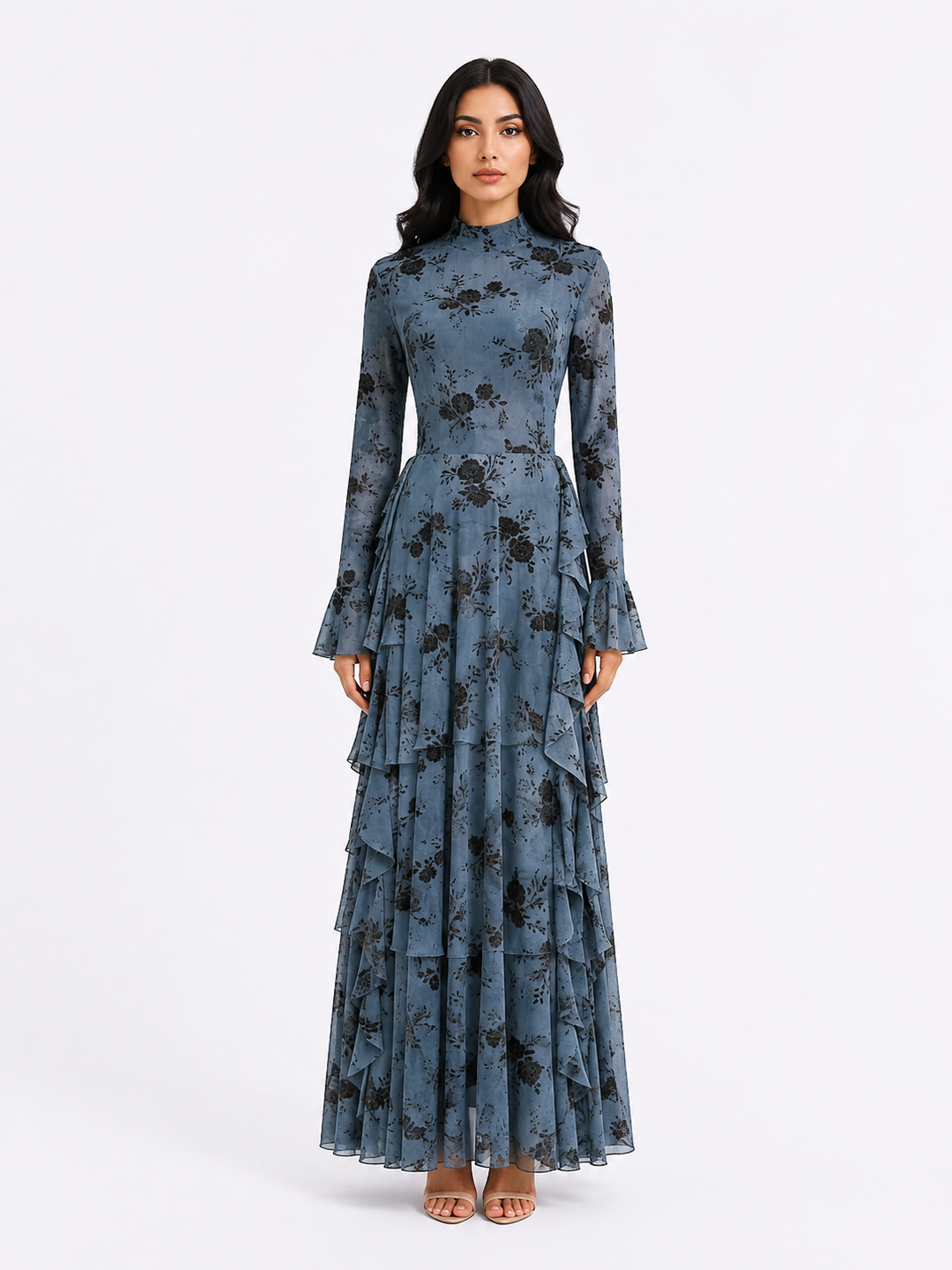 Floral Jacquard Ruffle Maxi Dress - Taupe