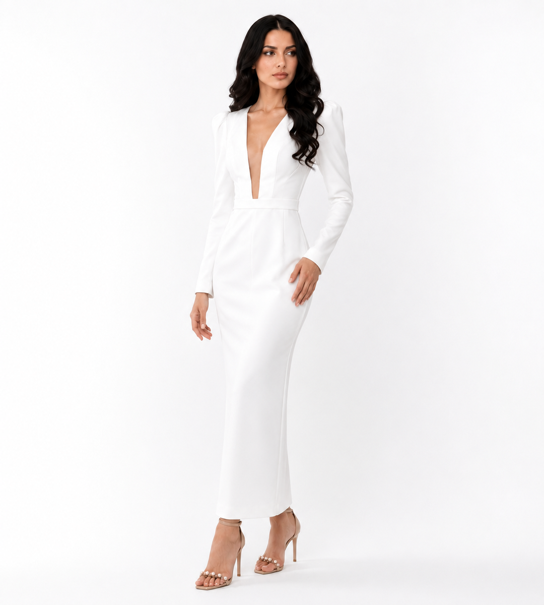 Plunging V-Neck Column Dress – Pear