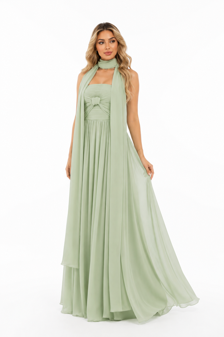 Scarf-Neck Chiffon Evening Gown - Sage