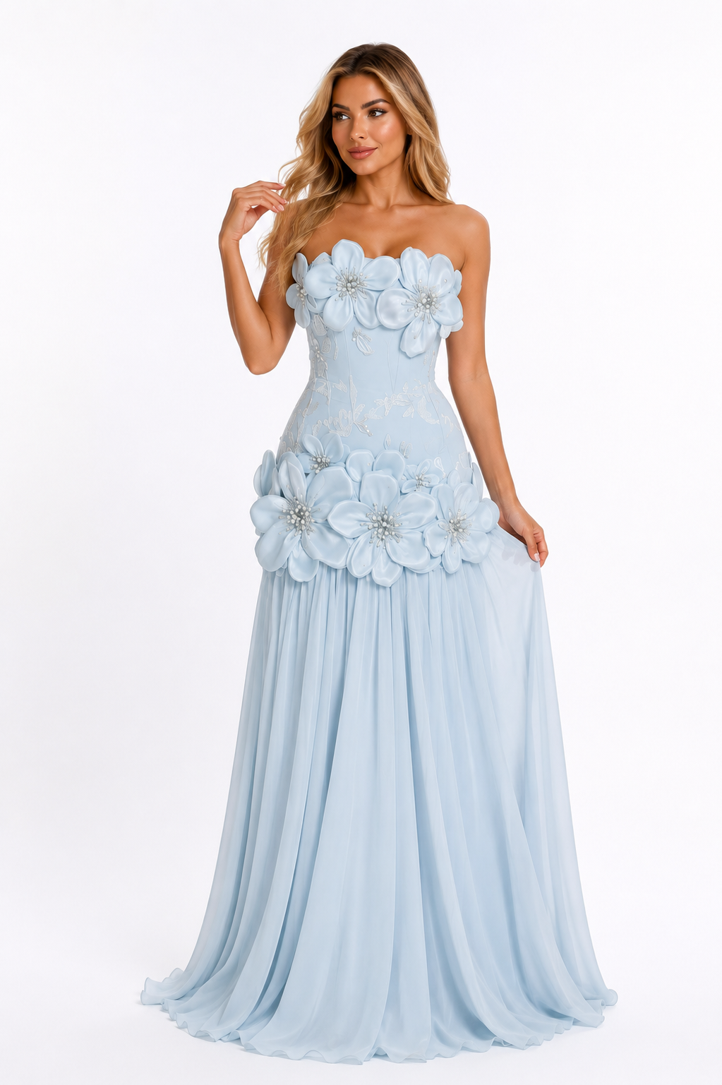 Floral Appliqué Strapless Gown - Ice