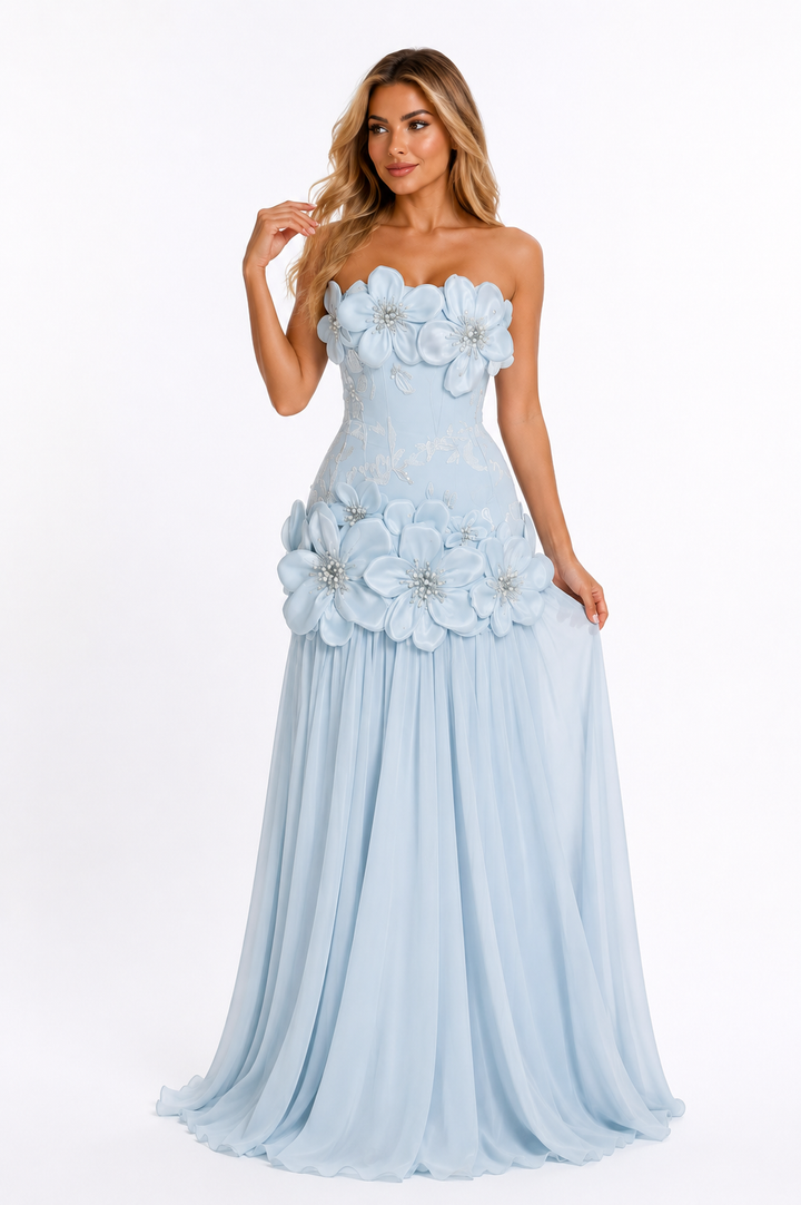 Floral Appliqué Strapless Gown - Ice