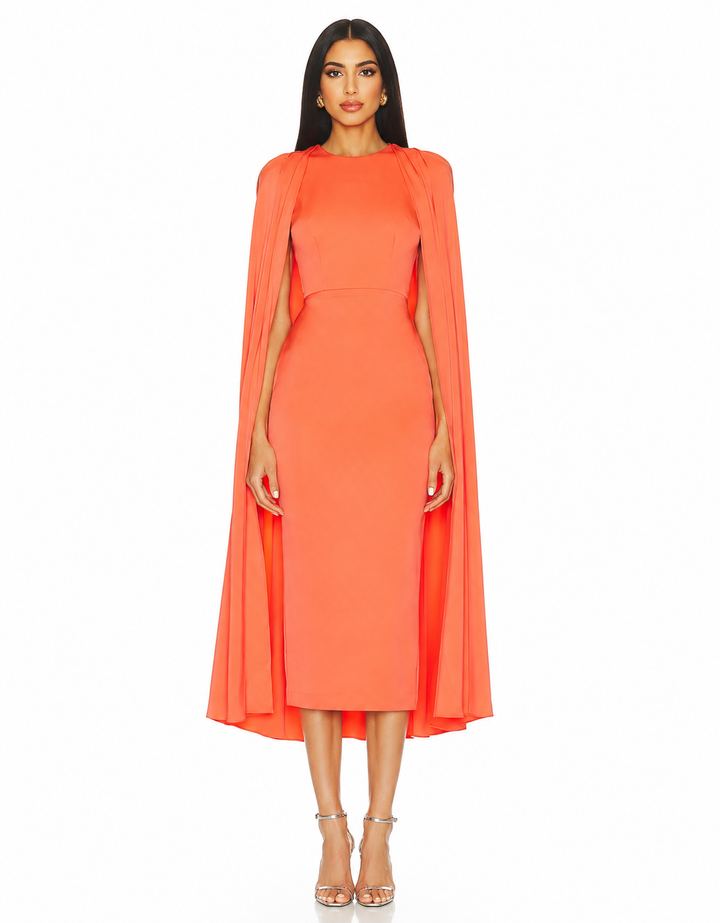 Draped Cape Midi Dress – Coral