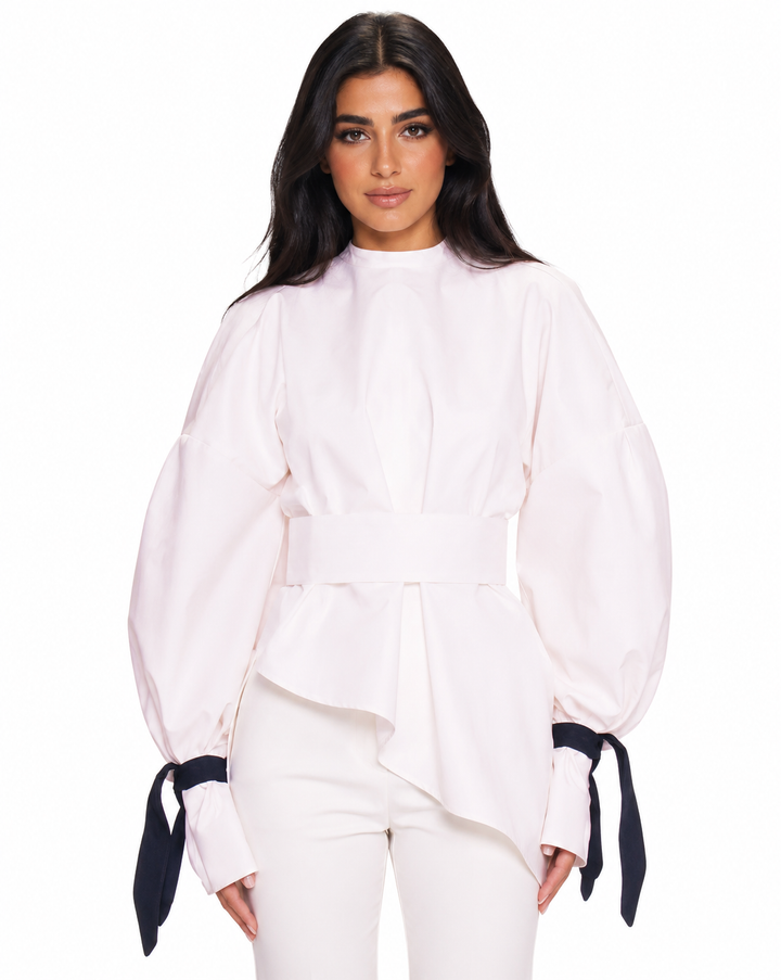 Balloon-Sleeve Tie-Cuff Blouse – Blush