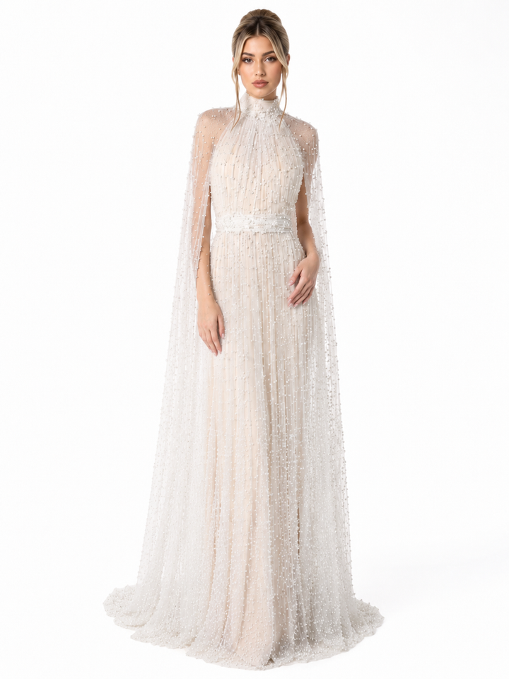 Pearl Embellished Cape Gown - Diva