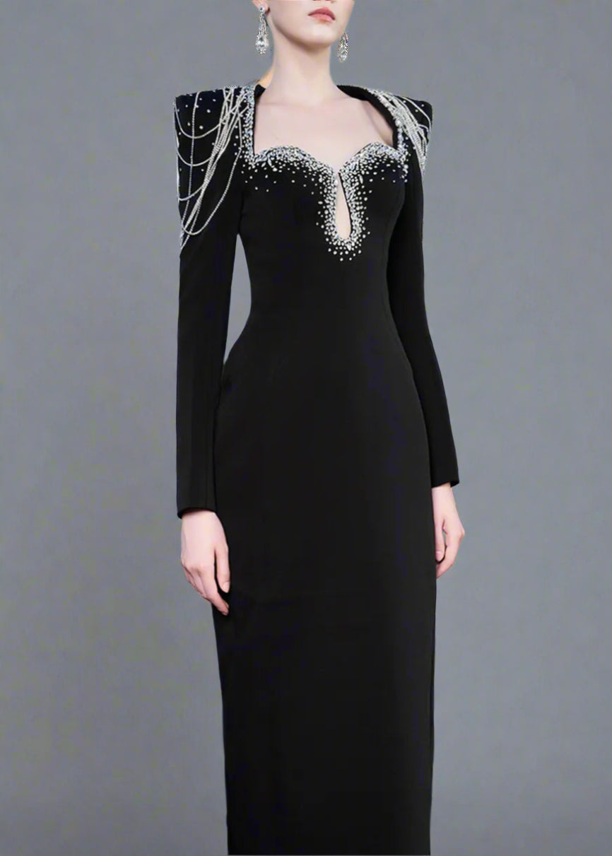 Long-Sleeve Column Dress with Beaded Shoulder Chains - ASTRA