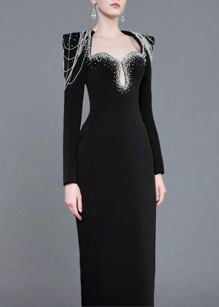 Long-Sleeve Column Dress with Beaded Shoulder Chains - ASTRA