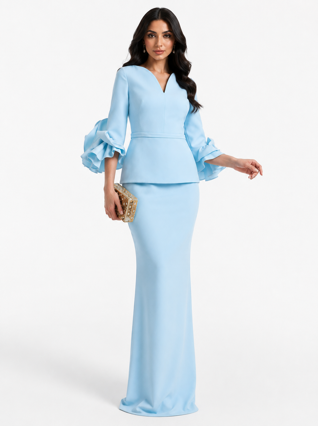 Ruffle-Sleeve Peplum Maxi Dress – Azure