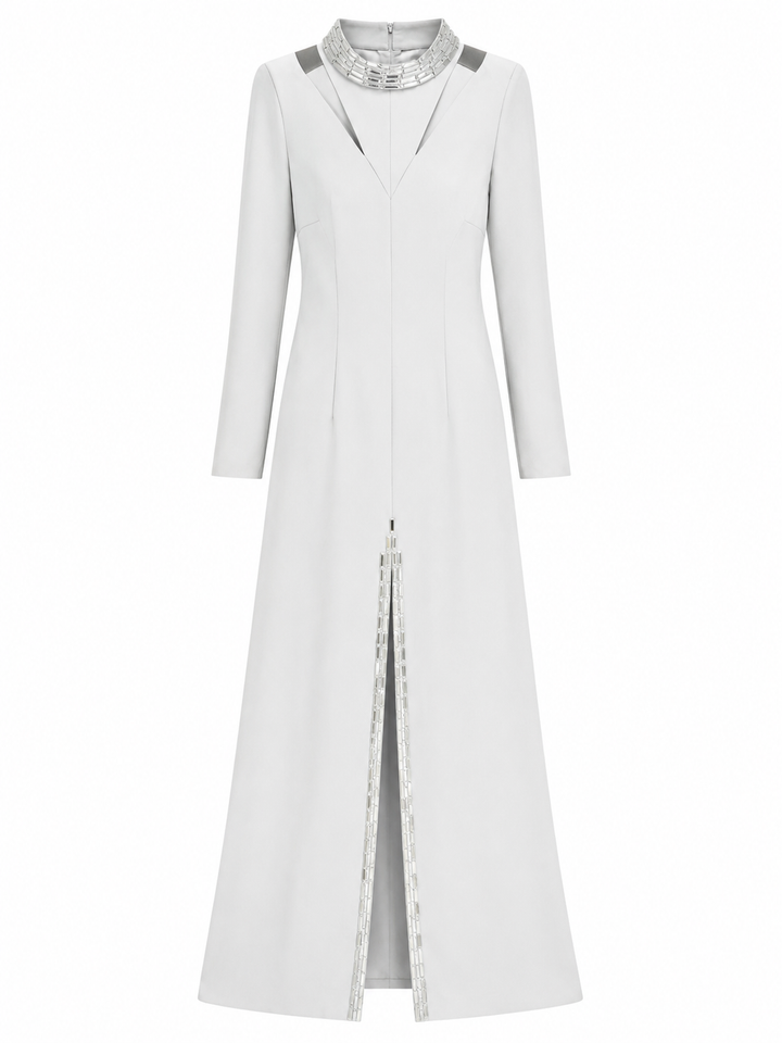 Crystal Collar Slit Maxi Dress - Silver