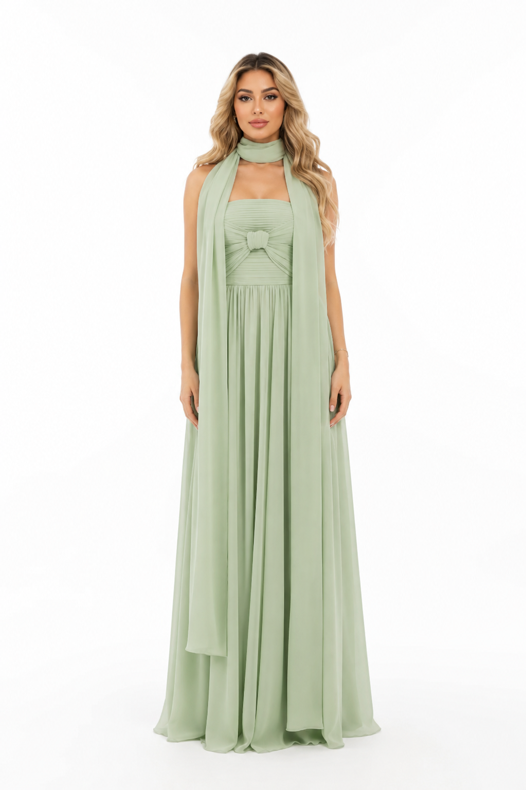 Scarf-Neck Chiffon Evening Gown - Sage