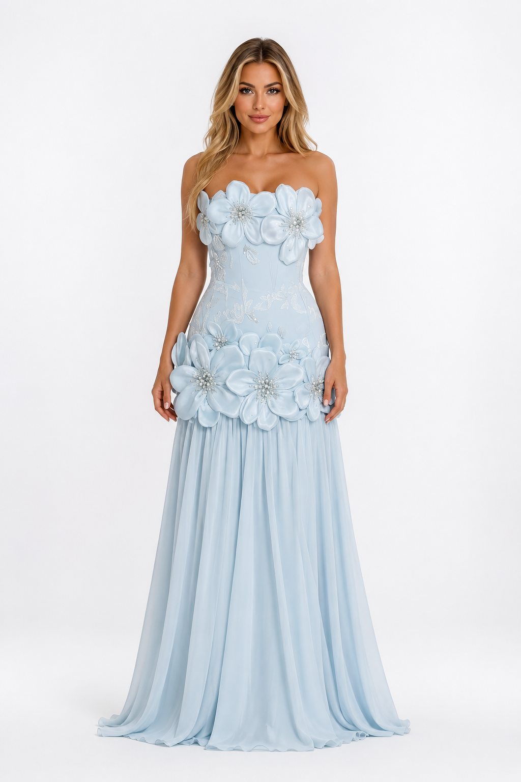 Floral Appliqué Strapless Gown - Ice