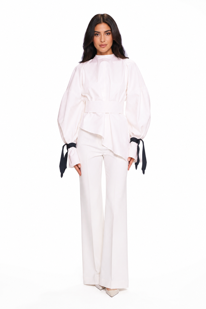 Balloon-Sleeve Tie-Cuff Blouse – Blush