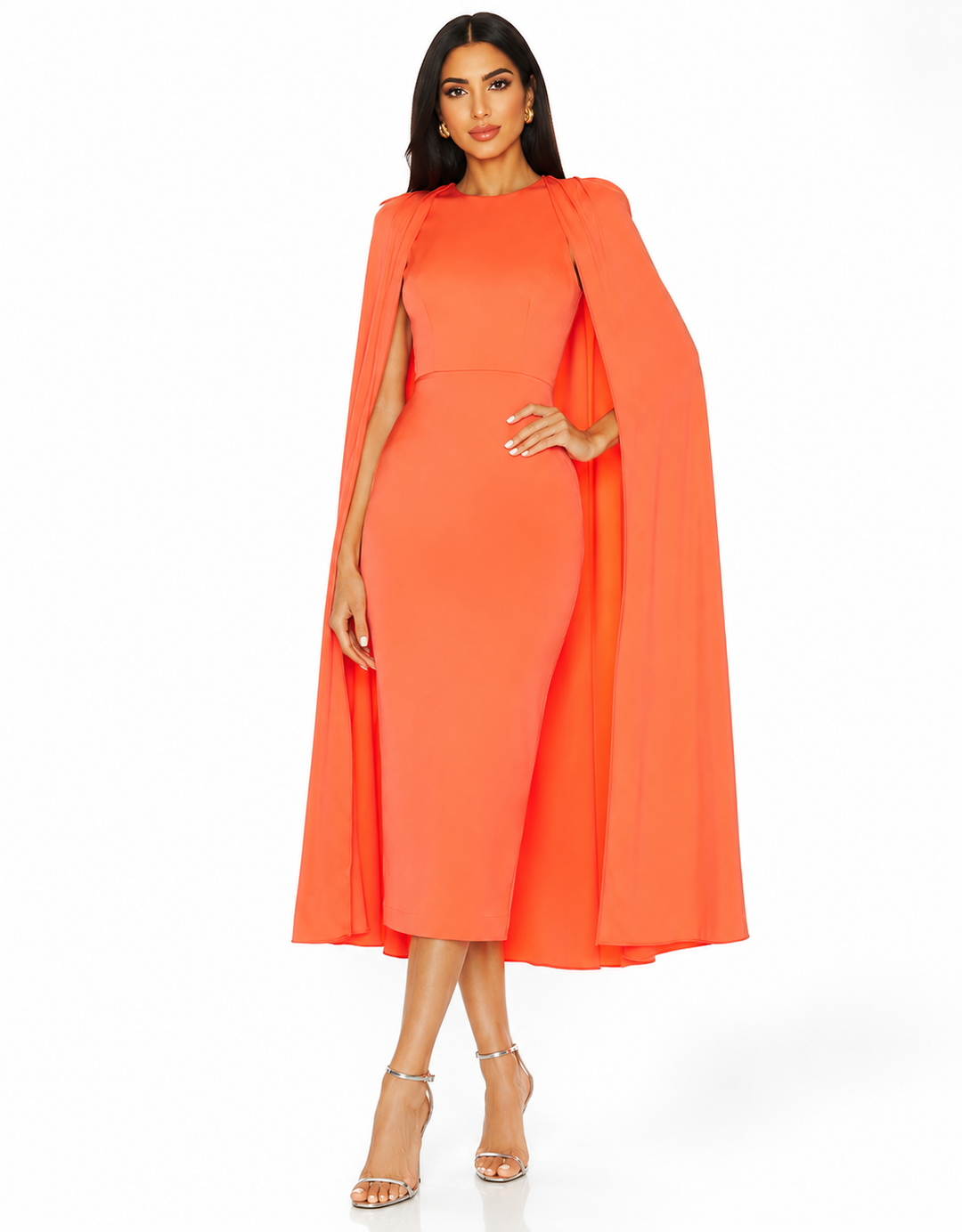 Draped Cape Midi Dress – Coral