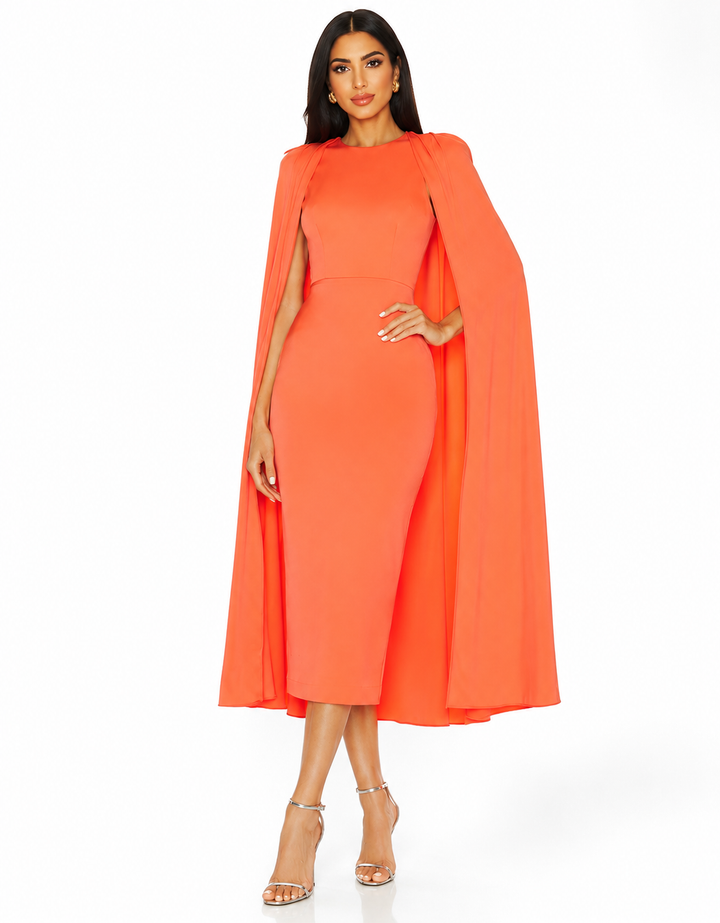 Draped Cape Midi Dress – Coral