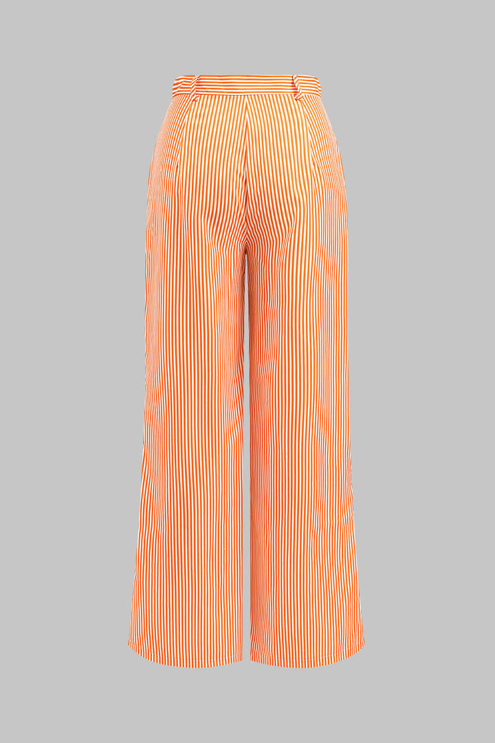 Stripe Print 3D Floral Short Sleeve Top And Button Wide Leg Trousers Set
