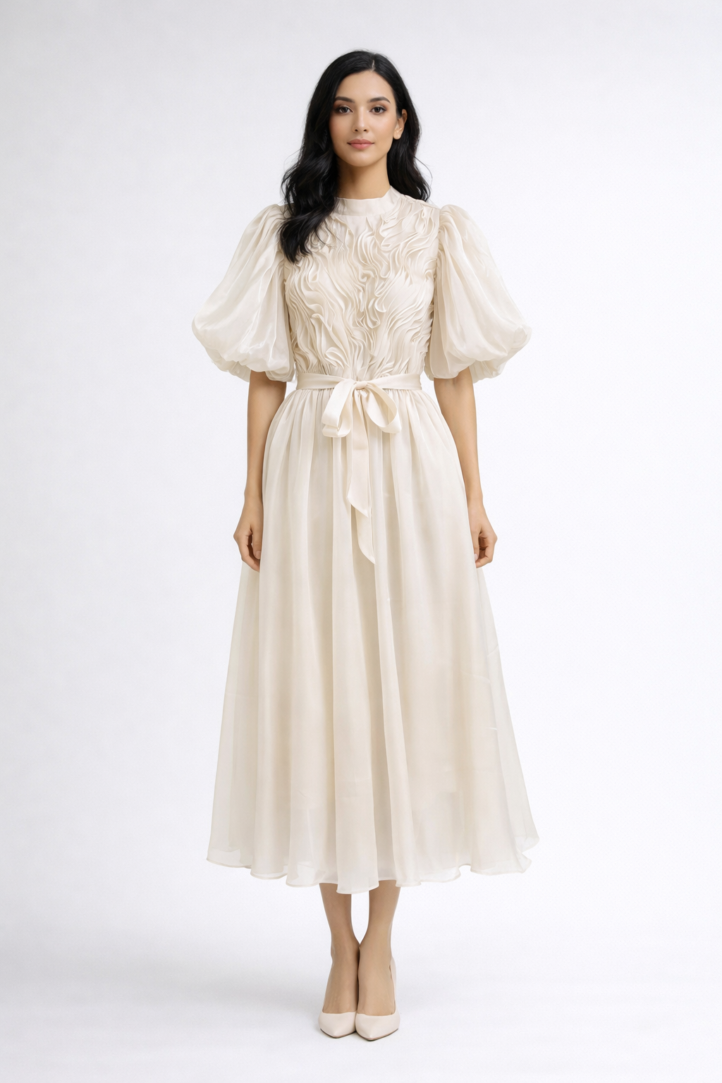 puff sleeve midi dress with textured bodice and belt – ROSELLA