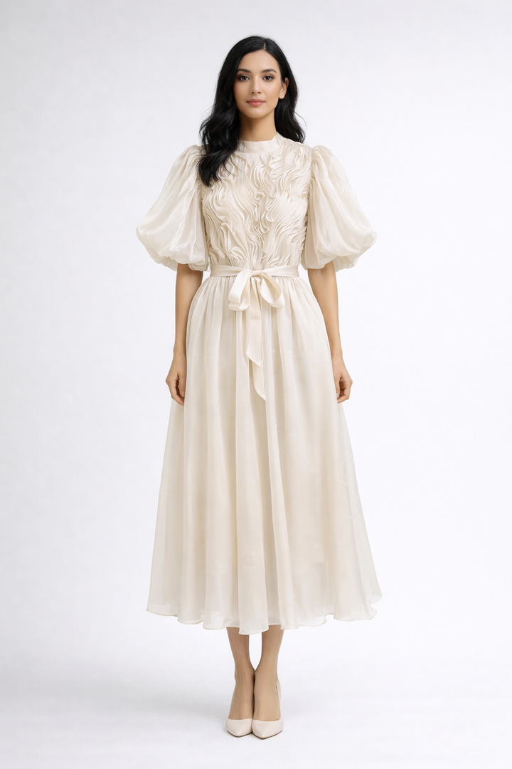 puff sleeve midi dress with textured bodice and belt – ROSELLA