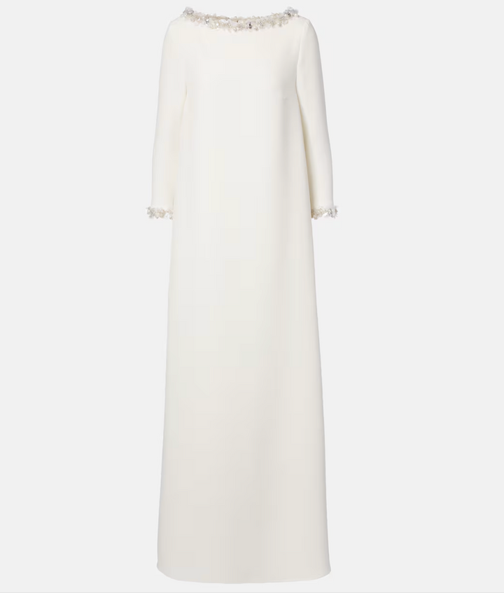 long-sleeve column dress with pearl trim neckline – ELIANA