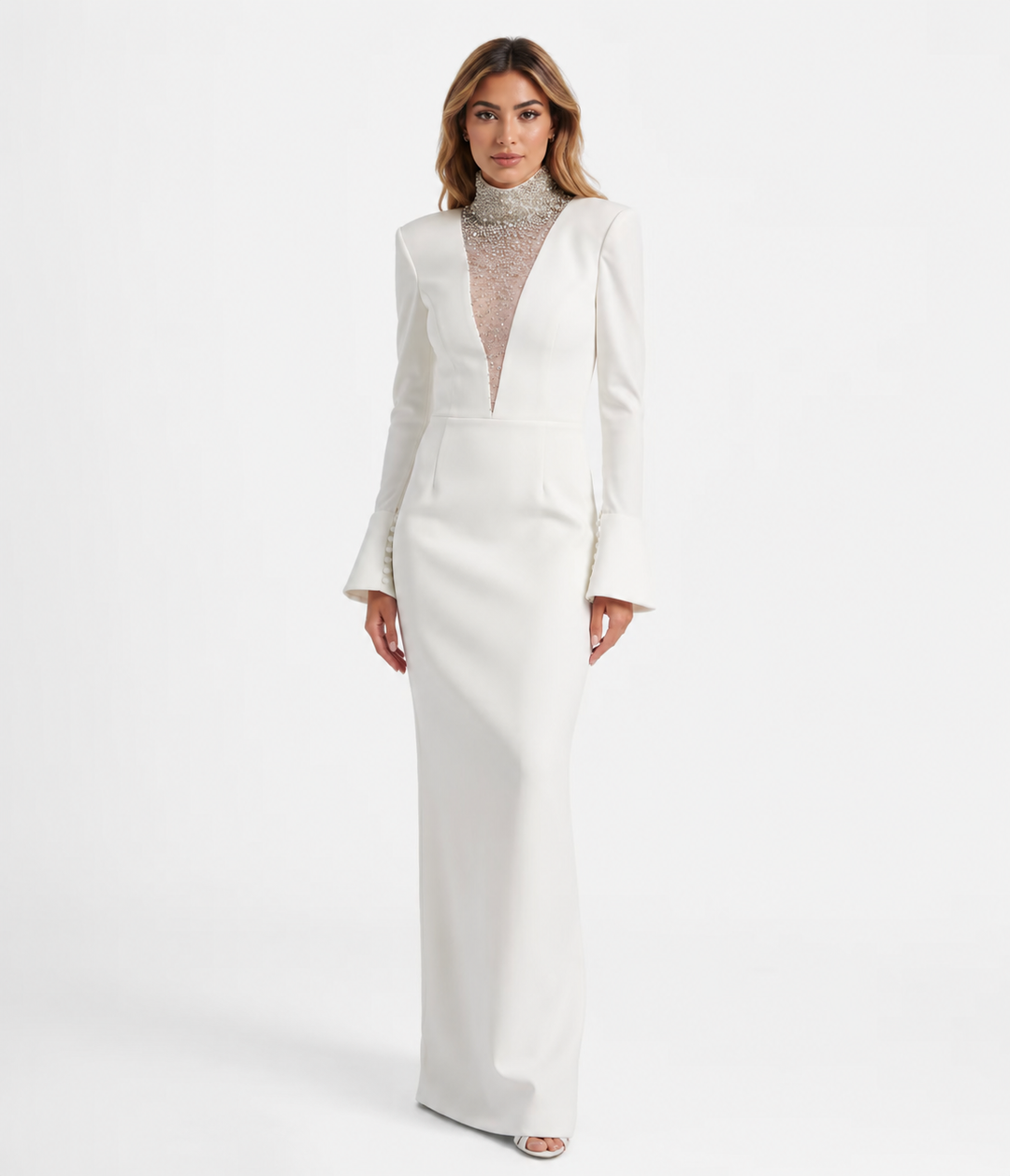 Ivory Crystal Neckline Evening Gown - Lumière